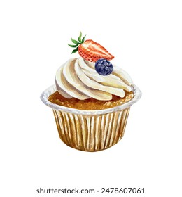 Muffin with strawberries and blueberries, watercolor. Vector illustration. For cards, invitations, menus for cafes, bakeries, posters, large banners.