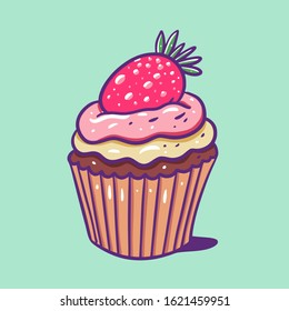 Muffin with strawberry. Hand draw vector illustration. Cartoon style. Isolated on green background.