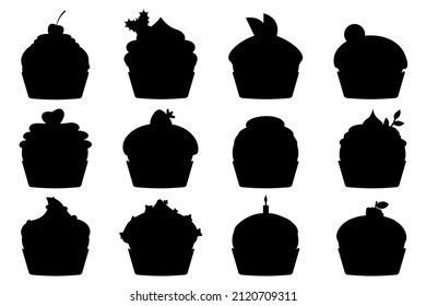 Muffin sweet silhouette collections decorated with cherry, blackberry and mint, candle, lemon, cookie, strawberry. Cupcakes with cream and chocolate set. Pastries sprinkled with tasty crumbs.Vector