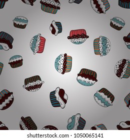Muffin sweet texture background. Vector. Cupcake seamless pattern. Texture for prints, decorations, fabric. Colorful cream dessert backdrop on white, brown and blue.
