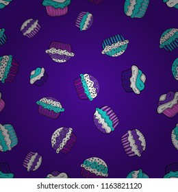 Muffin sweet texture background. Vector. Cupcake seamless pattern. Texture for prints, decorations, fabric. Colorful cream dessert backdrop on violet, white and blue.