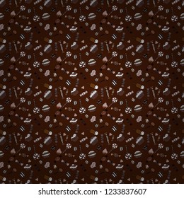 Muffin sweet texture background. Vector. Cupcake seamless pattern. Texture for prints, decorations, fabric. Colorful cream dessert backdrop on brown, black and white.