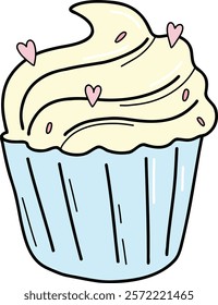 Muffin topped with whipped cream and sweet sprinkles. Baked pie. Dragee, sweets, caramel in the shape of a heart. Cupcake in paper wrapper. Vector illustration. For package, menu