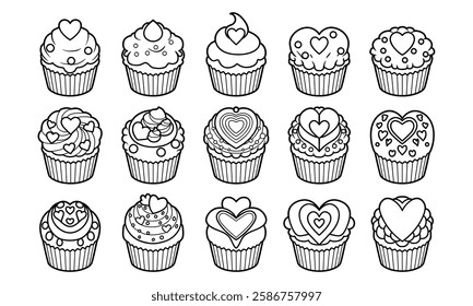 Muffin valentine outline vector illustration set