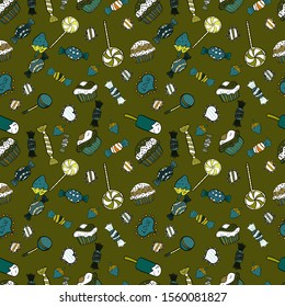 Muffin. Vector illustration. Seamless.Cupcake vector pattern. Cupcake pattern background. Happy birthday cupcake background in blue, white and green.