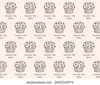 Muffin vector pattern. Seamless background with delicious muffin with chocolate chips. Simple stylish pattern with pastries. Hand-drawn linear drawing and lettering evenly distributed. For printing