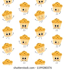 Muffin, vector seamless pattern with cute cartoon fast food dessert characters isolated on white