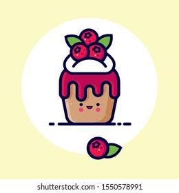 Muffin with whipped cream, fruit syrup and cowberries or cranberry. Yummy dessert Icon. Cute kawaii illustration. Japanese style.  