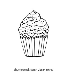 Muffin with with whipped cream and seeds on top. Cupcake dessert in doodle engraved sketch style. Hand drawn vector illustration. For menu, bar, coffee shop, cafe, restaurant, banner.