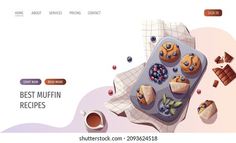 Muffins con bayas. Panadería, panadería, cocina, productos dulces, postre, pastelería. Ilustración vectorial para afiches, banner, sitio web, publicidad.