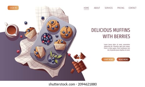 Muffins with berries. Baking, bakery shop, cooking, sweet products, dessert, pastry concept. Vector illustration for poster, banner, website, advertising.