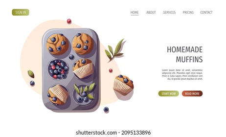 Muffins mit Beeren. Backen, Bäckerei, Kochen, süße Produkte, Dessert, Gebäck Konzept. Vektorgrafik für Poster, Banner, Website, Werbung.