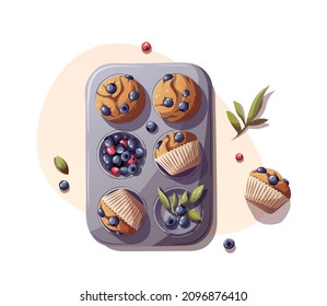 Muffins mit Beeren. Backen, Bäckerei, Kochen, süße Produkte, Dessert, Gebäck Konzept. Einzige Vektorgrafik für Poster, Banner, Cover, Menü, Werbung.