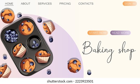 Muffins with berries, blueberry isolated. Baking, bakery shop, cooking, sweet products, dessert, pastry concept. Vector illustration for poster, banner, website, advertising.