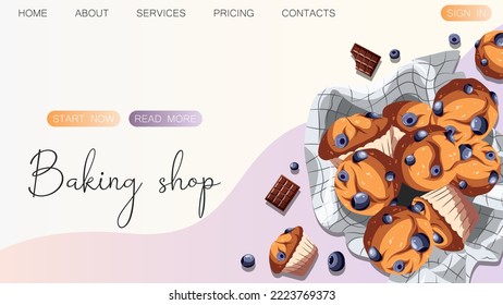 Muffins with berries, chocolates. Baking, bakery shop, cooking, sweet products, dessert, pastry concept. Vector illustration for poster, banner, website, advertising.