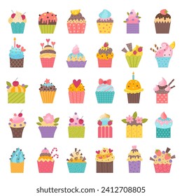 Muffins. Birthday cupcakes pastry recent vector stylized decorative illustrations