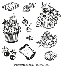 Muffins and cakes, black vector set