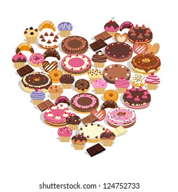 Muffins, cakes and sweets grouped forming a heart