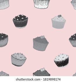 Muffins and cakes. Vector seamless pattern. Multi-colored pastries. For textiles, fabrics, children's parties, parties, bakery, pastry shop, cafe.