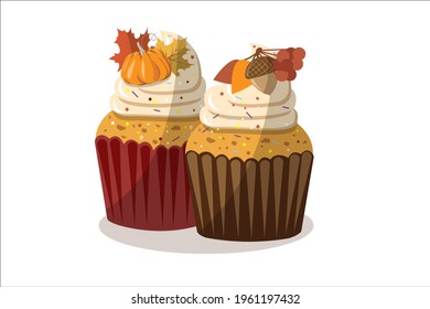 Muffins With Cheese Cream And Autumn Decor. Pumpkin Muffins On White Background With Leaves, Pumpkin, Acorn. Homemade Holiday Baked Goods