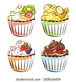 muffins, cheesecakes, cupcakes, with cream and fruit, banana, strawberry, kiwi, cherry in chocolate, vector illustration