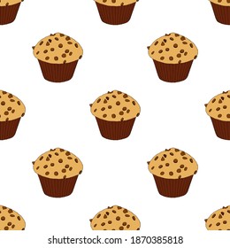 Muffins mit Schokoladentropfen auf weißem Hintergrund. Nahtloses Muster, Vektorgrafik.