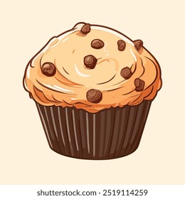 Muffins com cobertura de chocolate. Ilustração isolada de vetor em fundo bege, claro