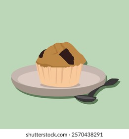 Muffins with chocolate topping. sweet cupcakes with chocolate chips lying on plate 