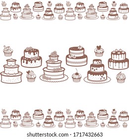 Muffins, cupcake and different wedding and birthday cakes with flowers, stars, hearts and meringues on a white background. Seamless horizontal border for bakery, cafe, sweet shop, pastry shop, print