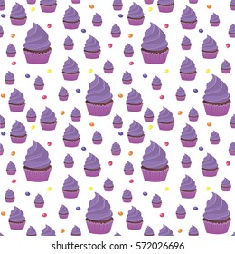 Muffins, cupcakes seamless pattern.  Cake background, texture. Baby, Kids wallpaper. Vector illustration