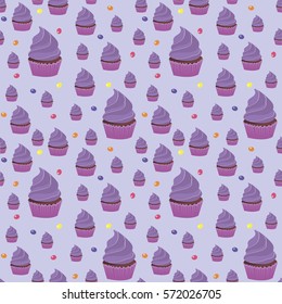 Muffins, cupcakes seamless pattern.  Cake background, texture. Baby, Kids wallpaper. Vector illustration
