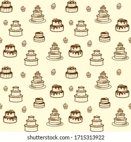 Muffins and different wedding and birthday cakes with flowers, stars, meringues. Vector seamless pattern for bakery, cafe, sweet shop, pastry shop, confectionery, printing on packaging, wrapper, menu