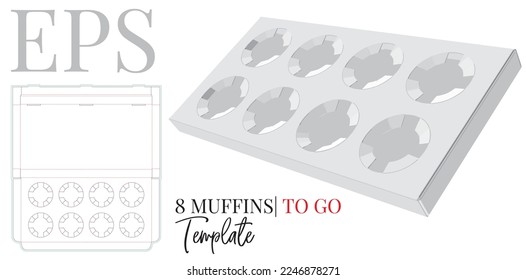 Muffins para ir a ocho paquetes, muda plantilla de corte. Los muffins blancos, claros y en blanco, seis se burlan de los aislados en fondo blanco, vector. Diseño de empaque 