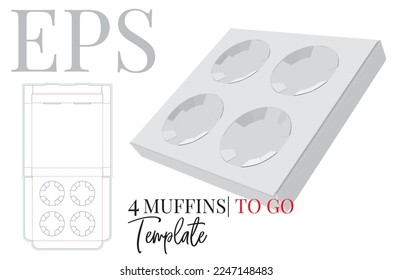 Muffins para ir a nuestra manada, muera plantilla de corte. Los muffins blancos, claros y en blanco, seis se burlan de los aislados en fondo blanco, vector. Diseño de empaque 