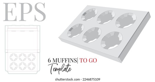 Muffins para ir a seis paquetes, muda plantilla de corte. Los muffins blancos, claros y en blanco, seis se burlan de los aislados en fondo blanco, vector. Diseño de empaque 