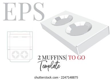 Muffins para ir a dos paquetes, muda plantilla de corte. Los muffins blancos, claros y en blanco, seis se burlan de los aislados en fondo blanco, vector. Diseño de empaque 