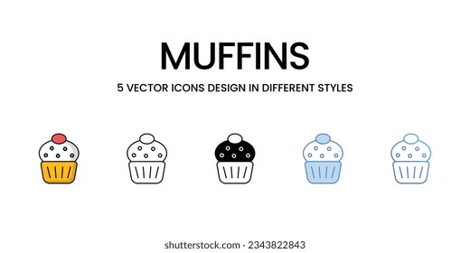 Diseño de iconos de muffins en estilo Cinco con pulsación editable. Línea, Sólido, Línea plana, Color de tono Duo y Línea de degradado de color. Adecuado para diseño de páginas Web, aplicaciones móviles, UI, UX y GUI.