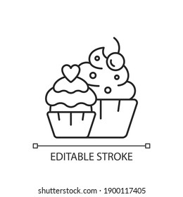 Muffins linear icon. Cupcakes with icing and sprinkles. Confectionery for party. Thin line customizable illustration. Contour symbol. Vector isolated outline drawing. Editable stroke