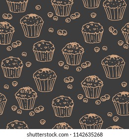 Muffins on dark background. Seamless pattern for textile prints, gift wrap or wallpaper.