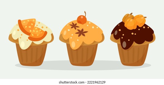 Muffins with orange toppings vector illustrations set. Collection of cartoon drawings of cupcakes with chocolate or cream icing isolated on white background. Dessert, bakery, food, autumn concept