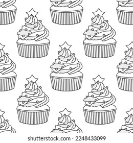 Muffins pattern, black lines, on a white background, vector illustration, hand draw