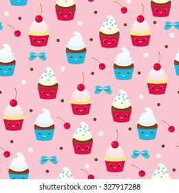 Muffins seamless pattern. Colorful muffins with different emotions on pink background