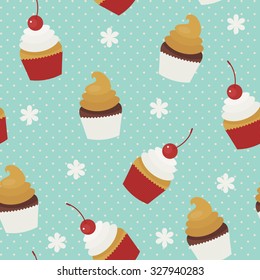 Muffins seamless pattern. Colorful muffins on blue polka-dot background