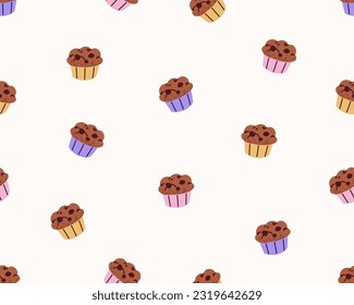 Patrón de muffins impecable. Un fondo interminable con deliciosos pastelitos de chocolate, comida dulce de panadería. Delicioso postre de impresión repetida, diseño de textura. Ilustración vectorial plana para papel tapiz, envoltura, paquete