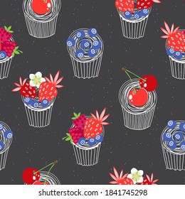 Muffins. Seamless pattern on black. Vector.Food background.