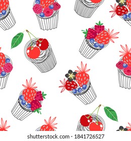 Muffins. Seamless pattern on white. Vector. Food background.