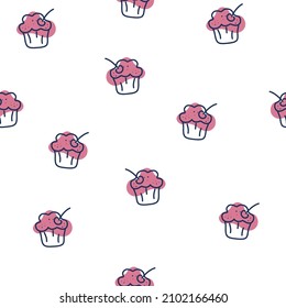 Muffins nahtloses Muster. süße Kuchen mit Kirschhintergrund. Für Menüs von Restaurants, Geschäften und Druck, Tapete, Textilien. Vektorgrafik-Illustration
