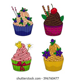 Muffins set. Decorative desserts.