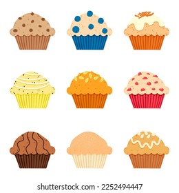 Muffins set with different toppings. Blueberries, carrot, lemon, pumpkin, strawberry, chocolate, apple, cinnamon and banana fillings . Vector illustration on white background.