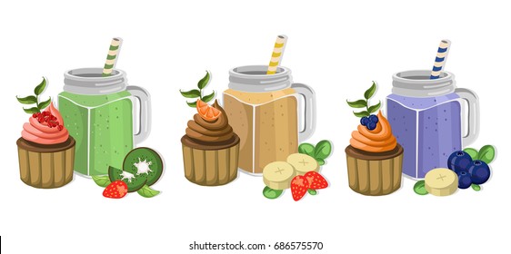 Muffins and smoothie drinks Vector set collection